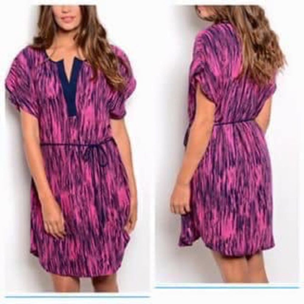 🆕💙 Navy & fuchsia print dress, self-tie waist